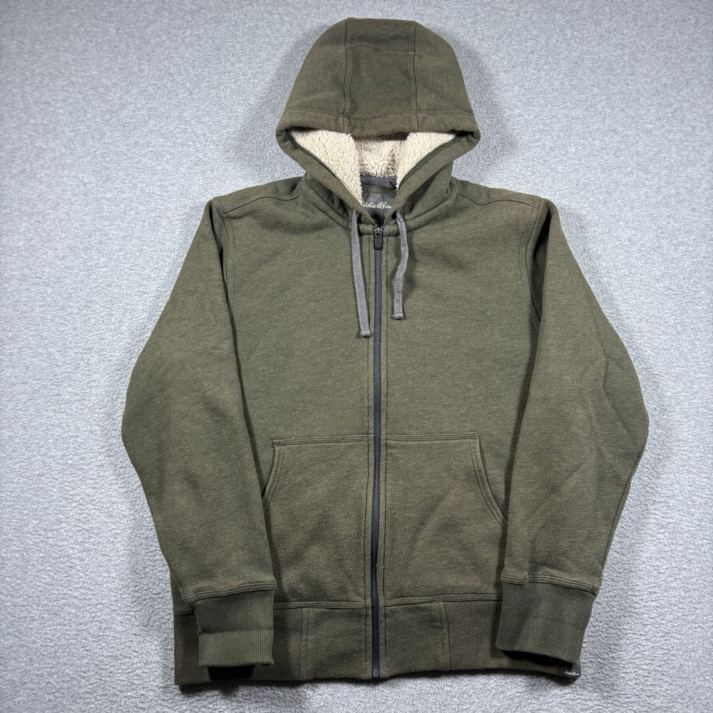 Eddie Bauer Sherpa Lined Full Zip Hoodie Jacket Mens M Olive Green Sherpa Lined